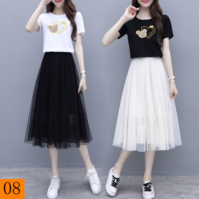 Set Áo Thun Thêu Họa Tiết Phối Chân Váy Lưới Dáng Dài Thời Trang Đi Biển Xinh Xắn Cho Nữ