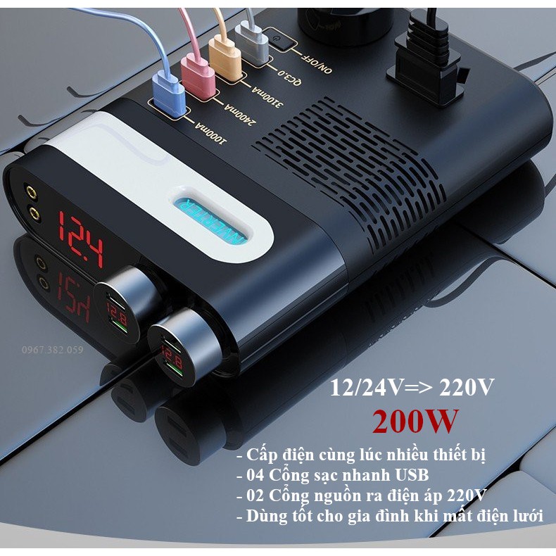 Chuyển đổi dòng điện Inverter 12/24V lên 220V công suất 200W dùng trên xe hơi, gia đình cho nhiều thiết bị