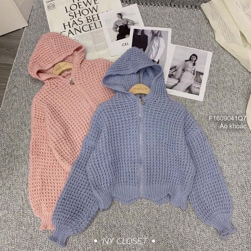 Áo khoác len dây kéo lai lượn sóng có nón hàng Quảng Châu 1609