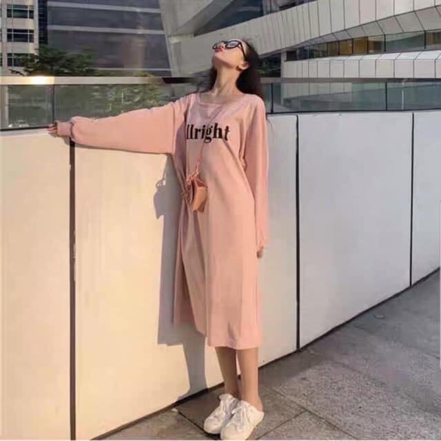 Váy suông xoắn lưng dài tay in chữ Alright chất cottong | BigBuy360 - bigbuy360.vn