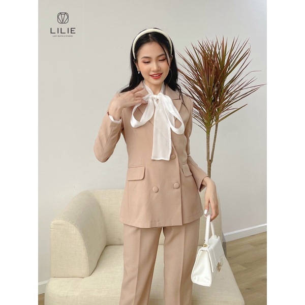 Set blazer 4 cúc bọc nâu tây và quần âu nâu tây