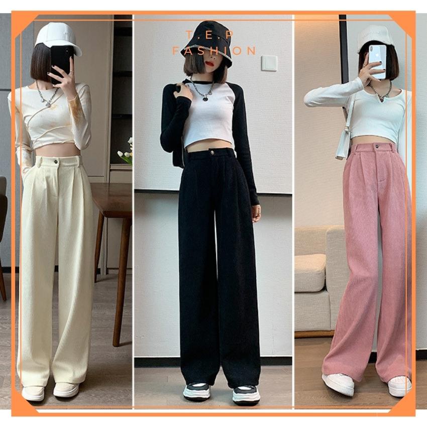 Quần Ống Rộng Nữ Dài Vải Nhung Tăm Cạp Khóa Lưng Cao Thời Trang Hàn Quốc Tep Fashion - QOR001