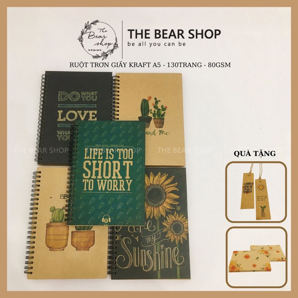 Sổ tay ghi chép handmade vintage - Giấy kraft khổ A5 bìa cứng - The Bear Shop