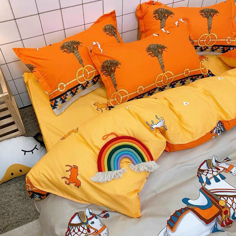 Bộ chăn ga Cotton poly M2T bedding chăn ga Hàn Quốc họa tiết Mã đáo thành công đủ size miễn phí bo chun