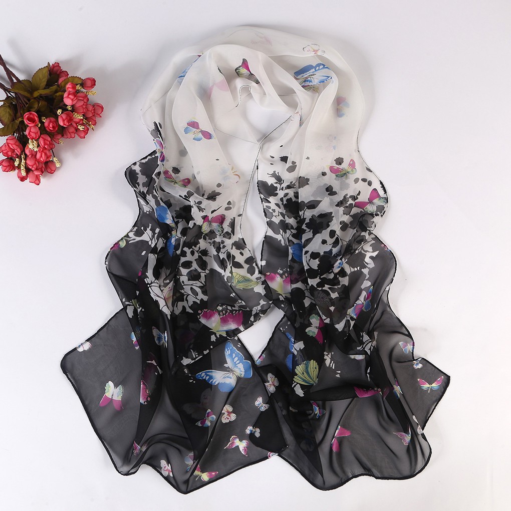 Khăn choàng chất liệu chiffon mỏng nhẹ có in hình bướm kết hợp phối màu thời trang cho nữ