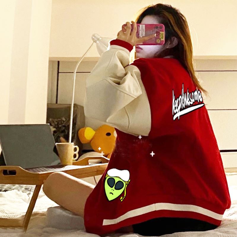 Áo khoác bóng chày dáng rộng phong cách retro cho nam và nữ