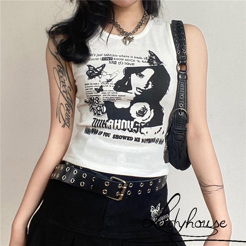 Áo Croptop Sát Nách Cổ Tròn In Họa Tiết Bướm Và Chữ Thời Trang Mùa Hè Cho Nữ