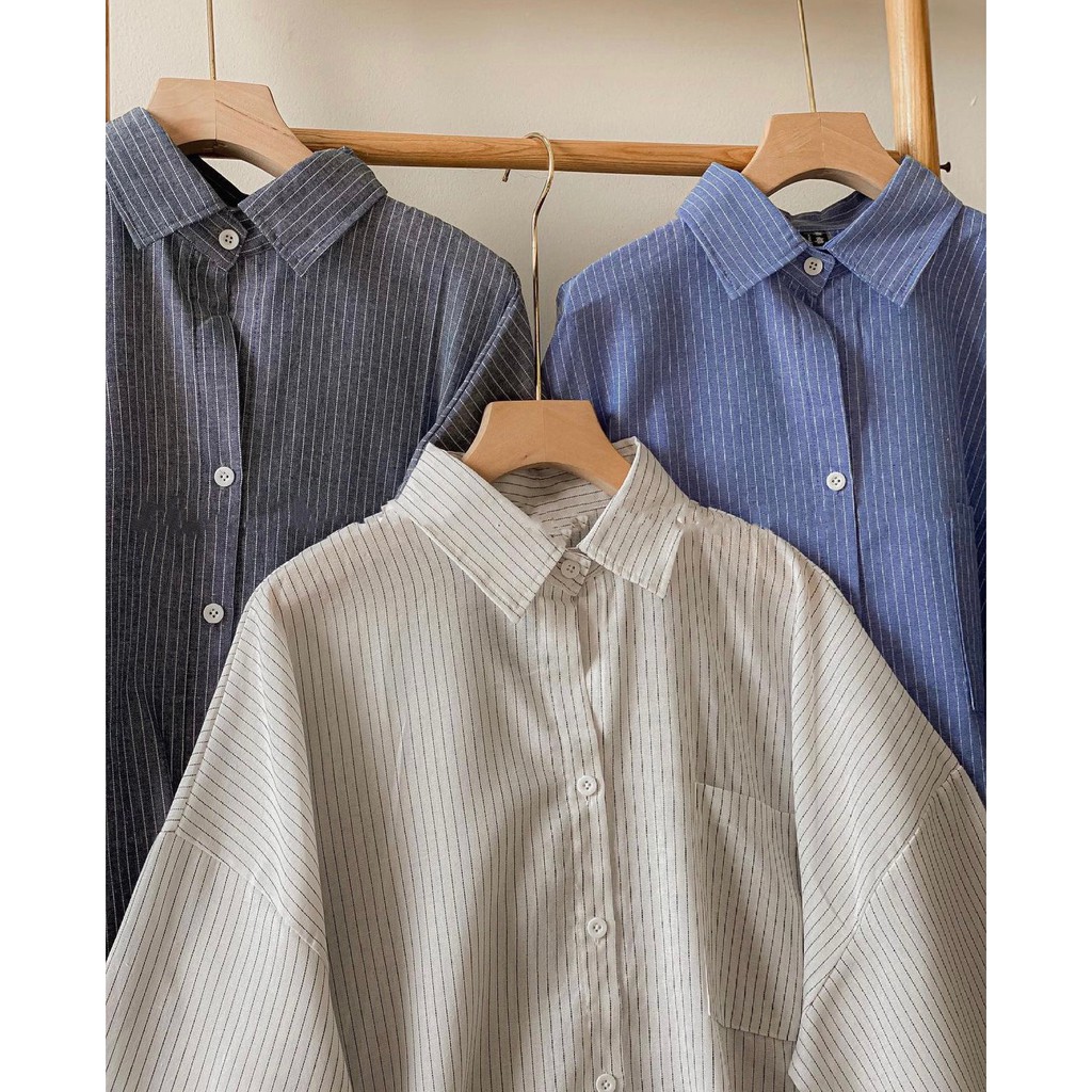 Áo sơ mi tay lỡ kẻ sọc chất thô mềm, áo sơ mi kiểu dáng oversize Hàn Quốc - Xưởng May Hạnh Hồng | BigBuy360 - bigbuy360.vn