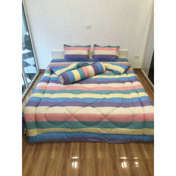 Trọn bộ 5 món ga gối chăn phao da báo cotton poly có ruột bông dày loại 1