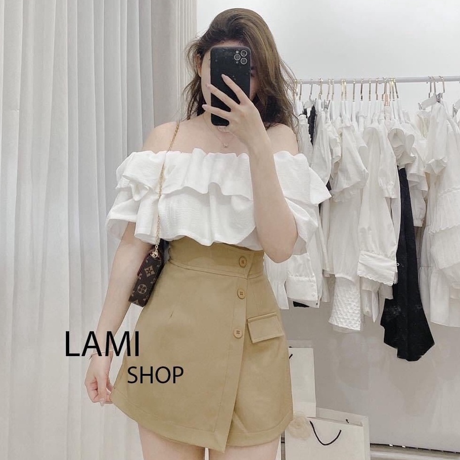 Áó croptop trễ vai 2 tầng cộc tay bồng bánh bèo, áo trắng trần điệu đà