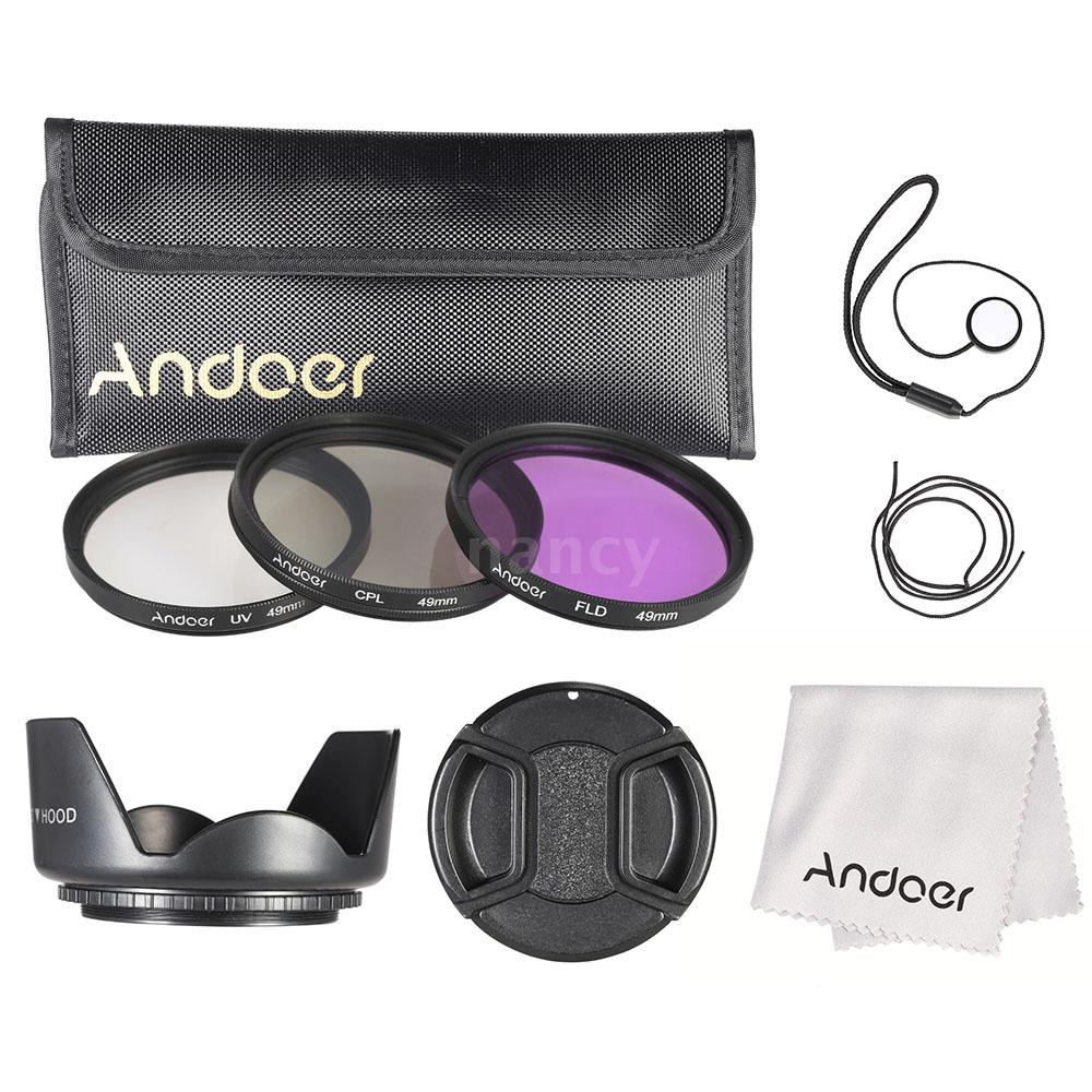 Bộ lọc 49mm Andoer (UV + CPL + FLD) + Túi đựng nilon + Nắp ống kính + Giá đỡ + Loa che nắng + Dụng cụ vệ sinh máy ảnh