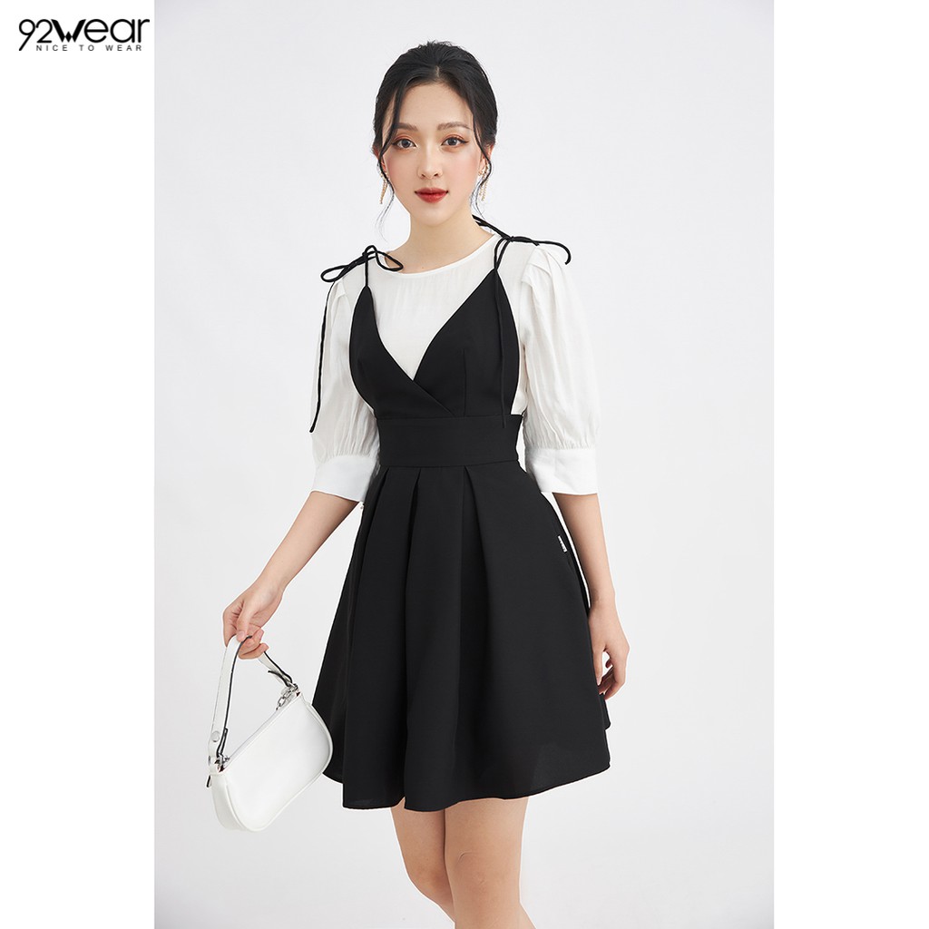 Đầm xòe tay lửng trắng phối màu DEW0053 - 92Wear | BigBuy360 - bigbuy360.vn