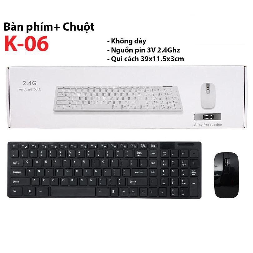 Bộ Bàn phím và chuột không dây 2.4G K-06 dài, đen