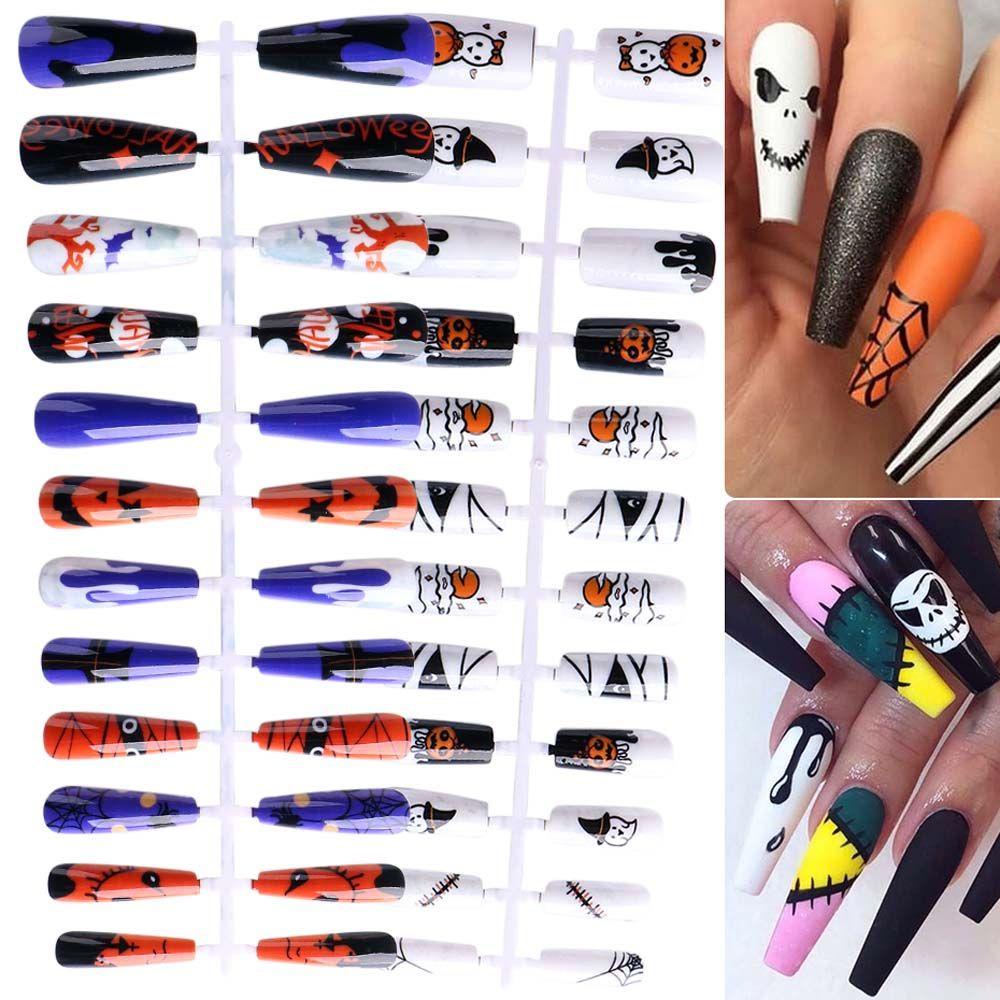 Bộ Móng Tay Giả Họa Tiết Bí Ngô Hai Mặt Dạng Nhấn Che Phủ Toàn Diện DIY