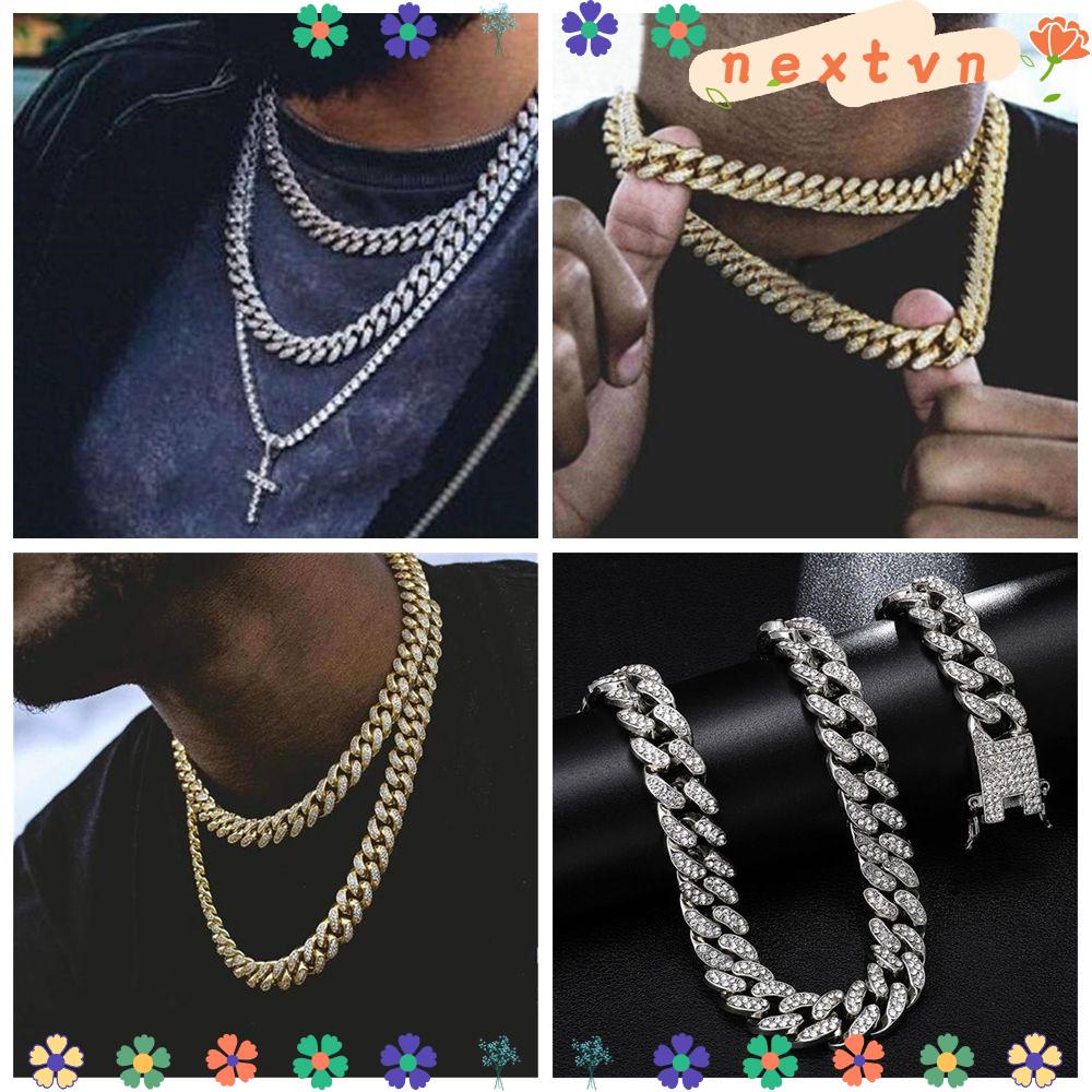 Dây chuyền chuỗi xích 12mm đính kim cương giả lấp lánh phong cách hip hop thờI trang dành cho cả nam và nữ