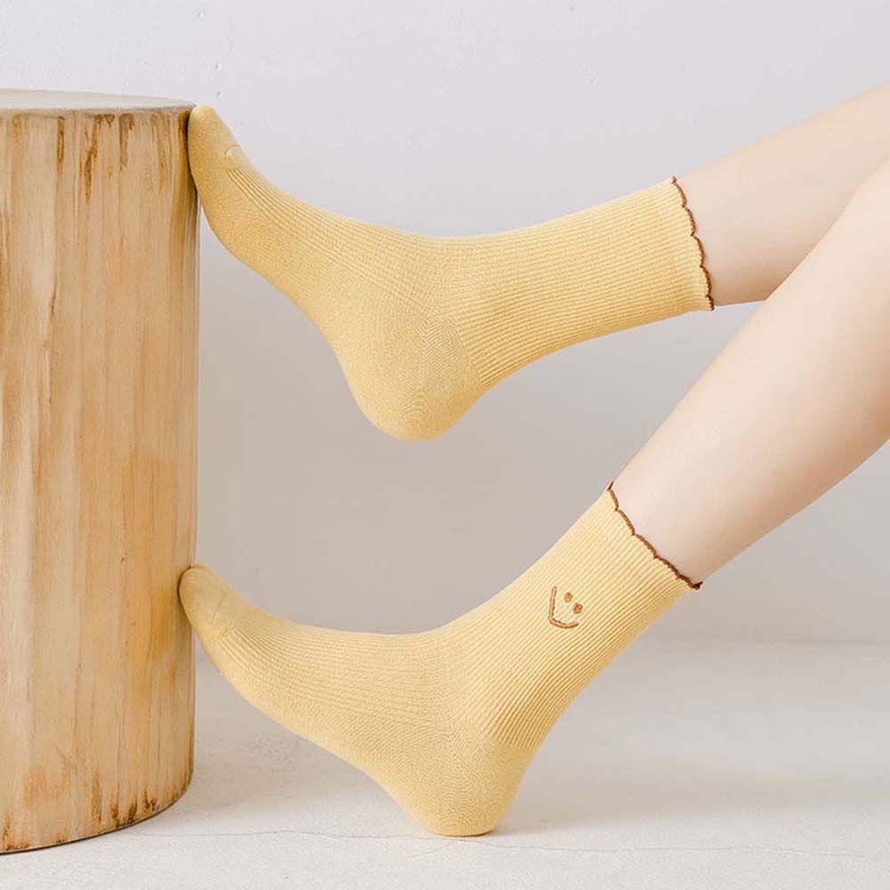 Vớ Cotton Màu Trơn In Họa Tiết Mặt Cười Phong Cách Hàn Quốc Thời Trang Thu Đông Cho Nữ