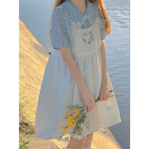 Set áo sơ mi xanh ngắn tay cổ sen hoa nhí viền ren + váy yếm trắng babydoll dễ thương ulzzang Hàn Quốc [Yannie]