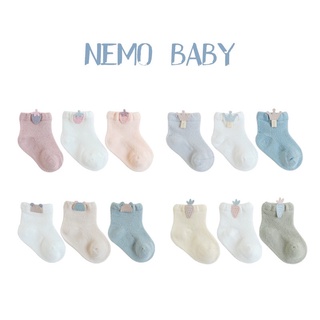 Set 3 tất lưới Nemo Baby trơn màu đính họa tiết