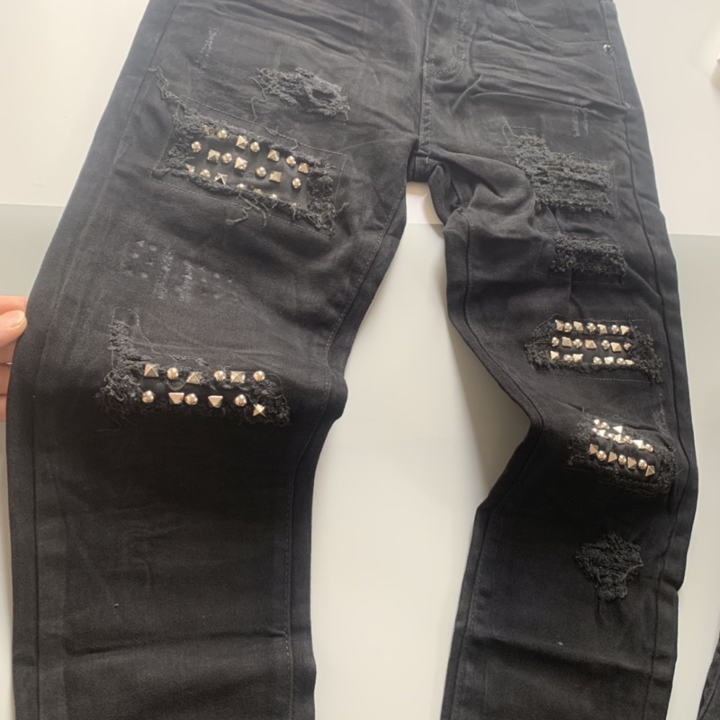 Quần Jean Denim Nam Đen Pha Tag Đá Bạc Rách Xước Bản Đẹp