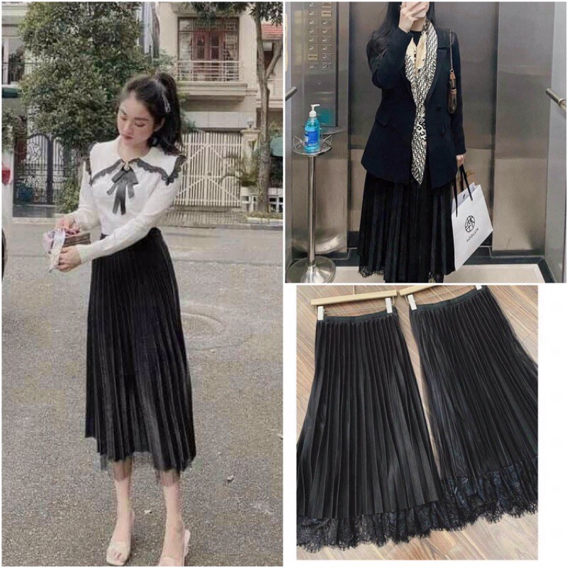 [Free Ship] Chân váy xếp li đen, phối ren, bánh bèo, sang chảnh