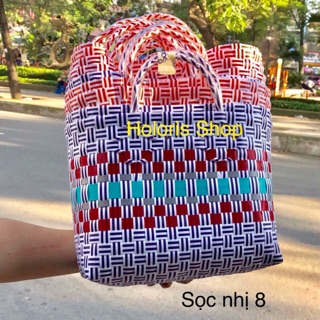 Túi xách đan tay phối sọc màu (kèm ảnh thật)