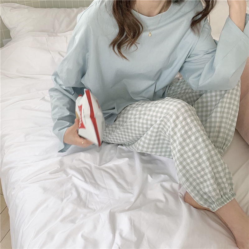 Bộ đồ ngủ áo sơ mi tay dài màu sắc đơn giản phong cách Hàn Quốc