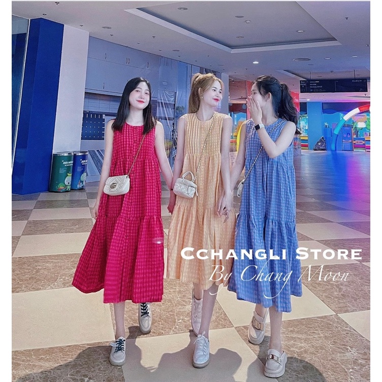 Váy Kẻ Xếp Ly Ngực Dáng Babydoll 6 Màu Siêu Xinh, Váy Kẻ From Rộng