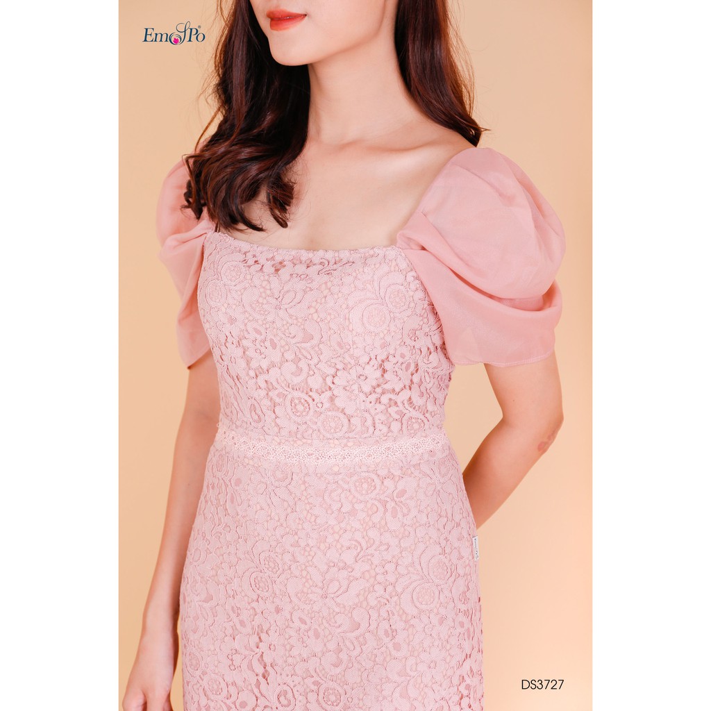 Đầm ren ôm A, vải phối tay, tay rúm ly bồng Emspo DS3727 (Be, Hồng)