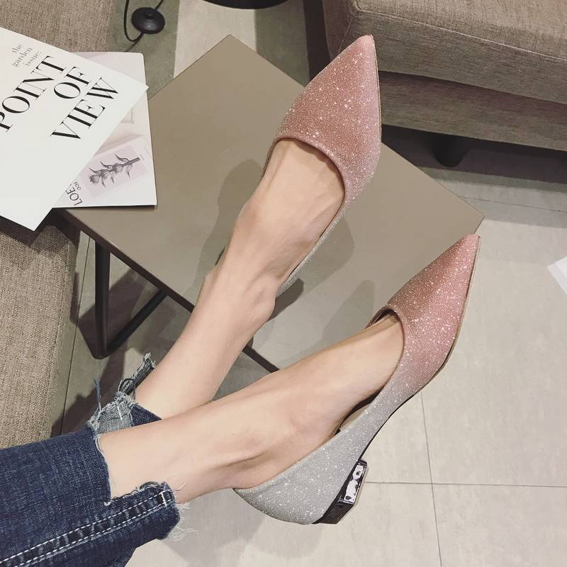 2021 mùa xuân và mùa thu gradient giày cao gót thấp đế bằng sequin mũi nhọn giày đơn giày cô dâu giày cưới của phụ nữ gi