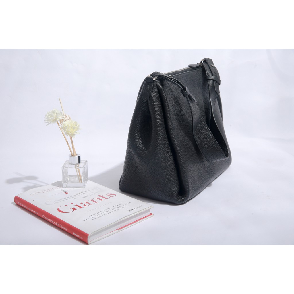 POPAY-Túi Tote MINK da bò thật nguyên tấm lớp 1 cao cấp màu Đen HS02-10