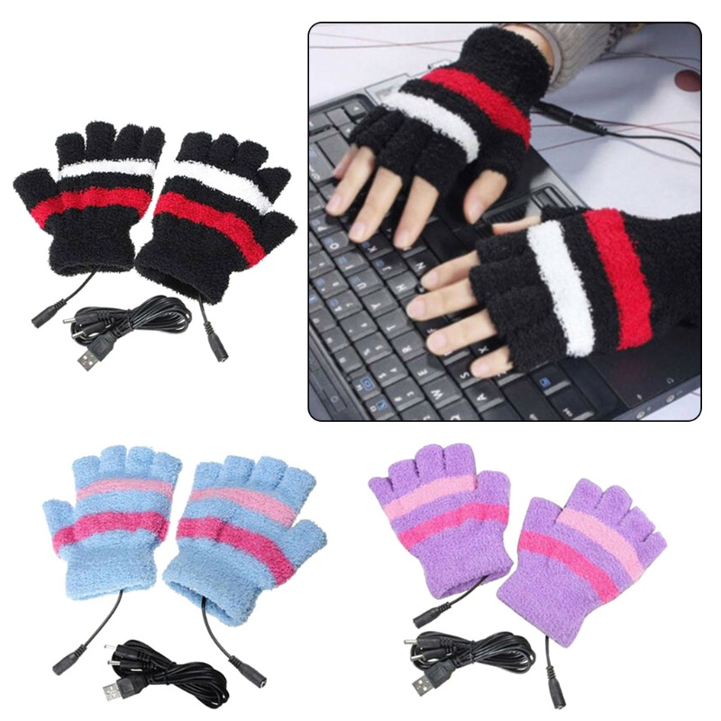 Găng Tay Sưởi Ấm Bằng Điện Usb Hở Ngón Họa Tiết Kẻ Sọc Cho Nam Và Nữ