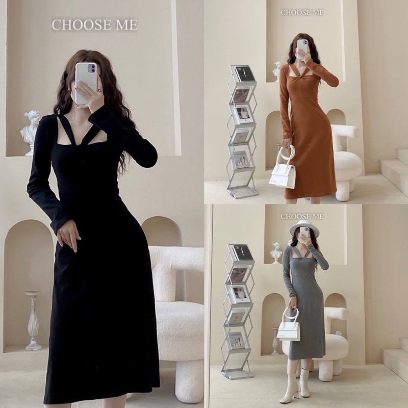 Váy Thun Body Xoắn Cổ Dáng Dài, Váy Body Dài Tay Nhiều Màu - Choose Me KLP