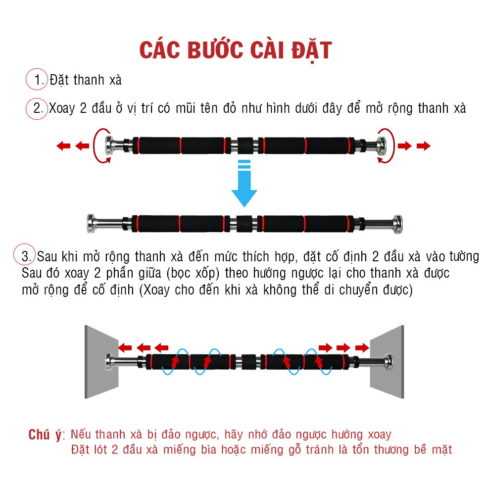 Thanh tập xà đơn treo tường gắn cửa nhiều cỡ từ 62-150cm kích thước có thể tùy chỉnh phù hợp mọi kích thước