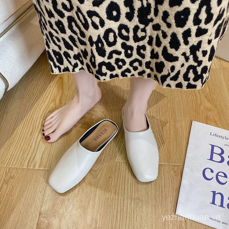 Net RedinsSimple Toe Cap Slipper Women2021Spring New Versatile Square Toe Low Heel Fashion Muller Lazy Semi Slipper ZdeG