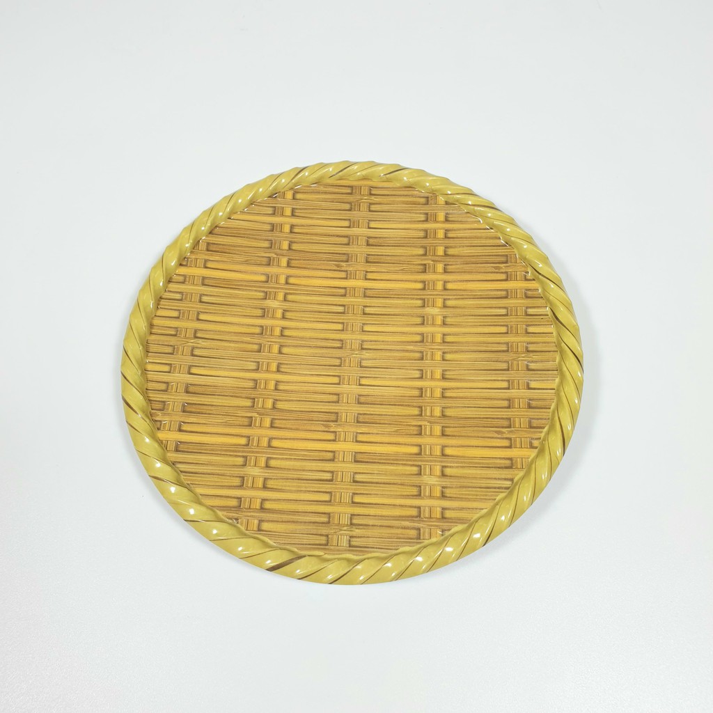 Dĩa 34cm tròn nhựa melamine phíp hoa văn mây đan , Dĩa tre  - Bamboo shaped plate lá tre F-DTR10