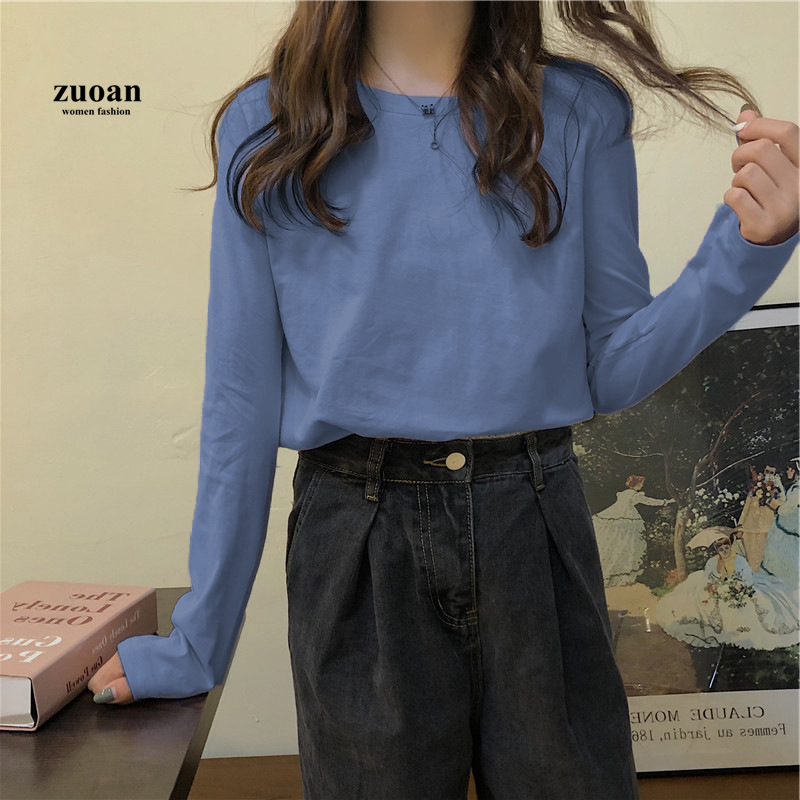 Áo thun SUXI tay dài dáng rộng màu trơn phong cách Hàn Quốc mùa thu đông cho nữ