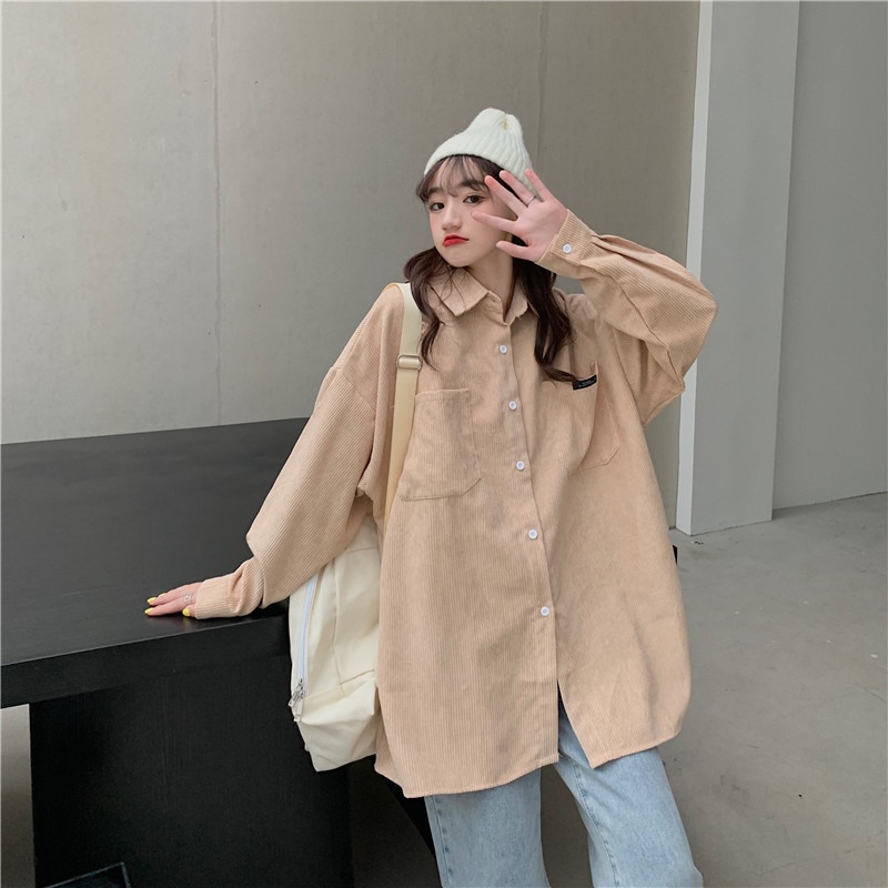 Áo sơ mi dáng rộng tay dài phong cách thời trang retro hàn quốc