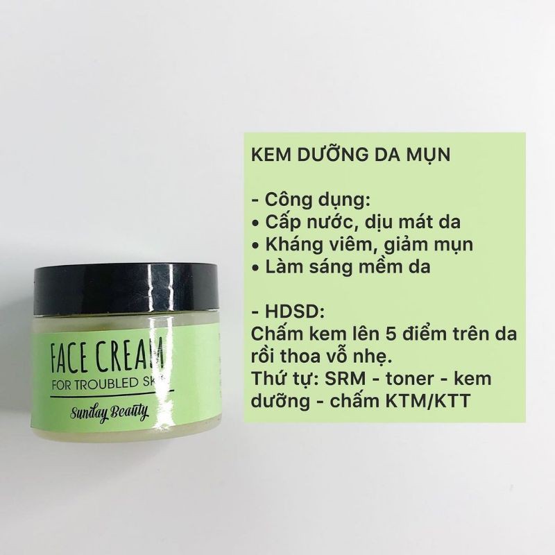 Kem dưỡng da mụn nhạy cảm, da dầu cấp ẩm kháng viêm giảm mụn thiên nhiên Face cream Sunday Beauty handmade | BigBuy360 - bigbuy360.vn