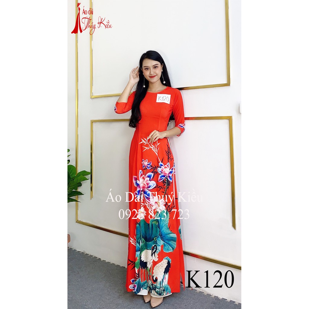 Áo dài in 3D lụa Nhật nền đỏ in sen hạc cành trúc K120