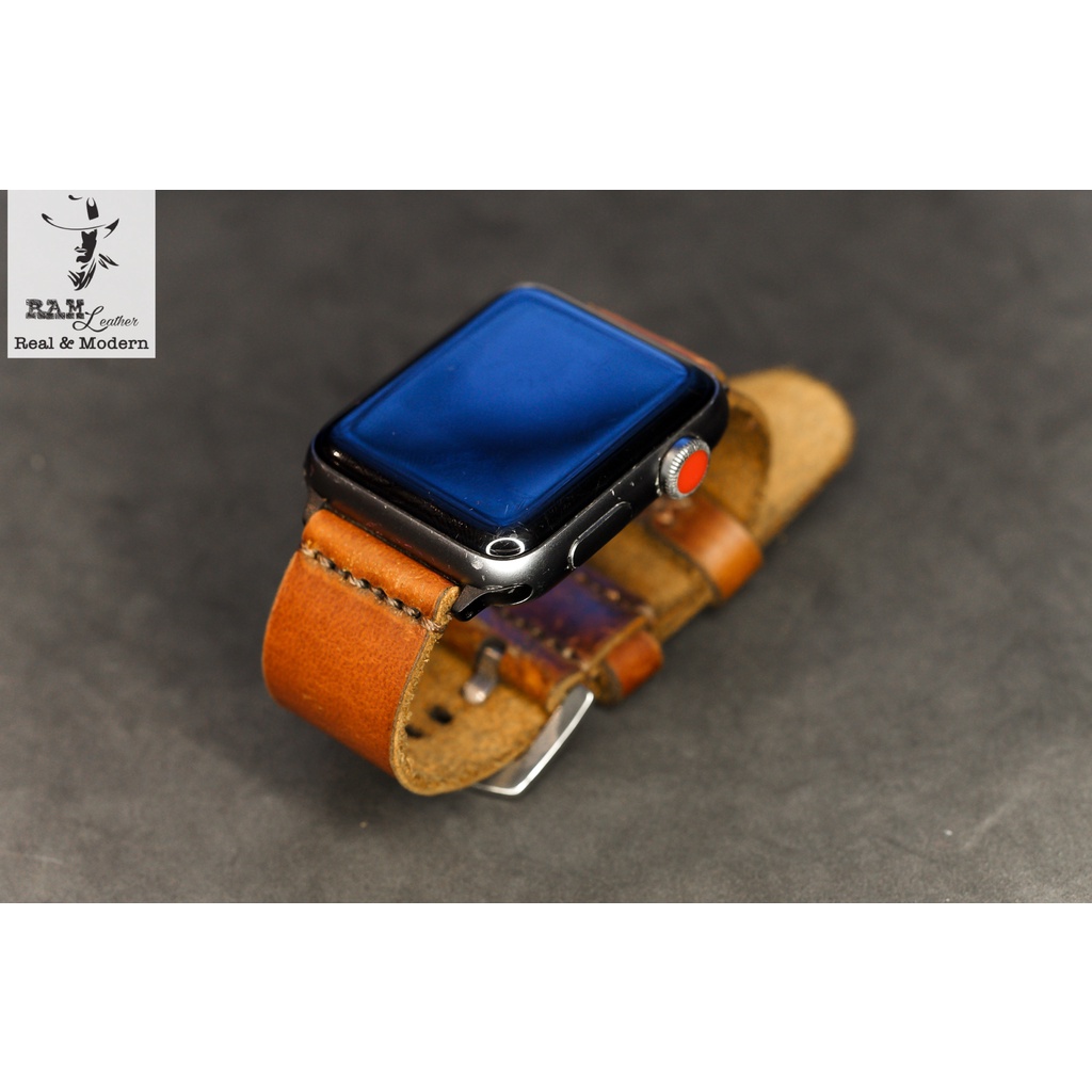 Dây apple watch da bò nâu đỏ handmade bền chắc cực đẹp RAM Leather simple 3 - tặng khóa chốt và adapter