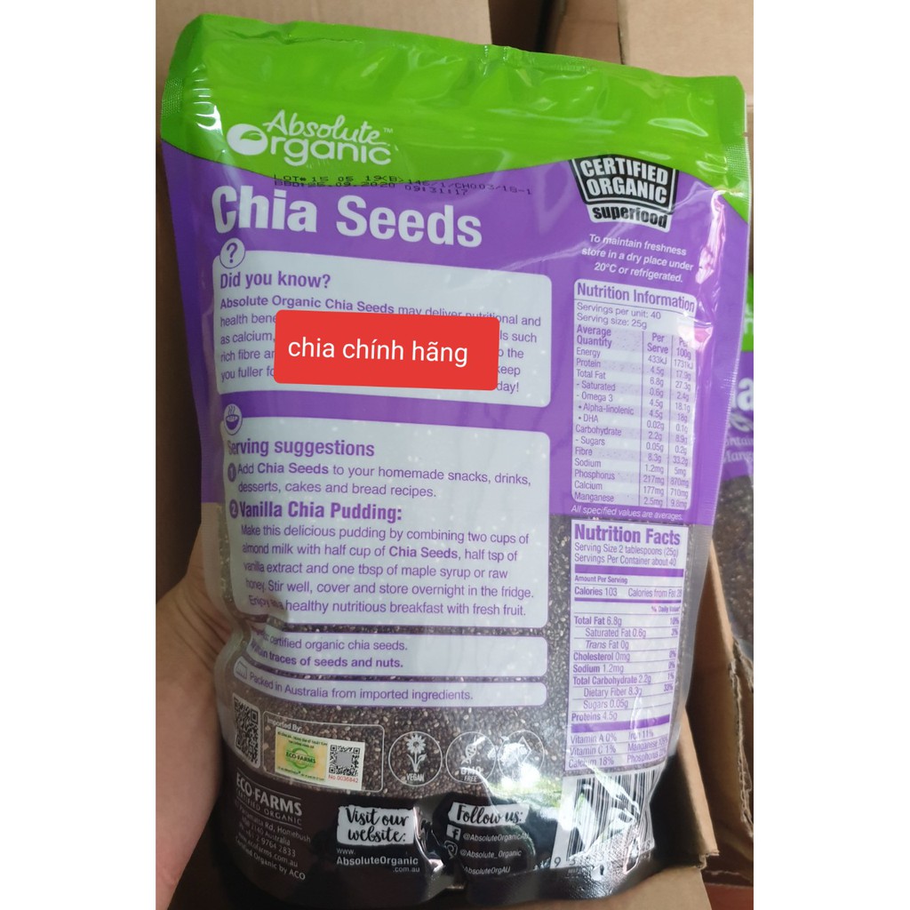 [Logo Đáy + Tem Chống giả bộ Công An] Hạt chia Absolute Organic 1kg xách tay Úc