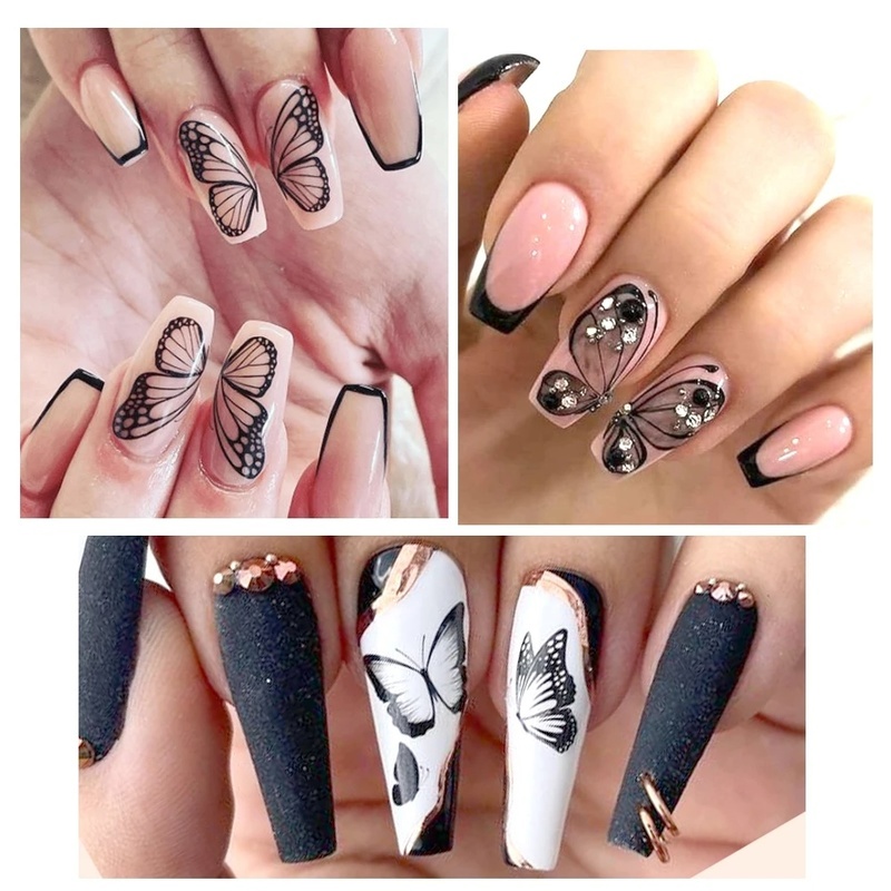 1 Miếng Dán Trang Trí Móng Tay Hình Hoa Hồng Và Bướm Màu Trắng Đen