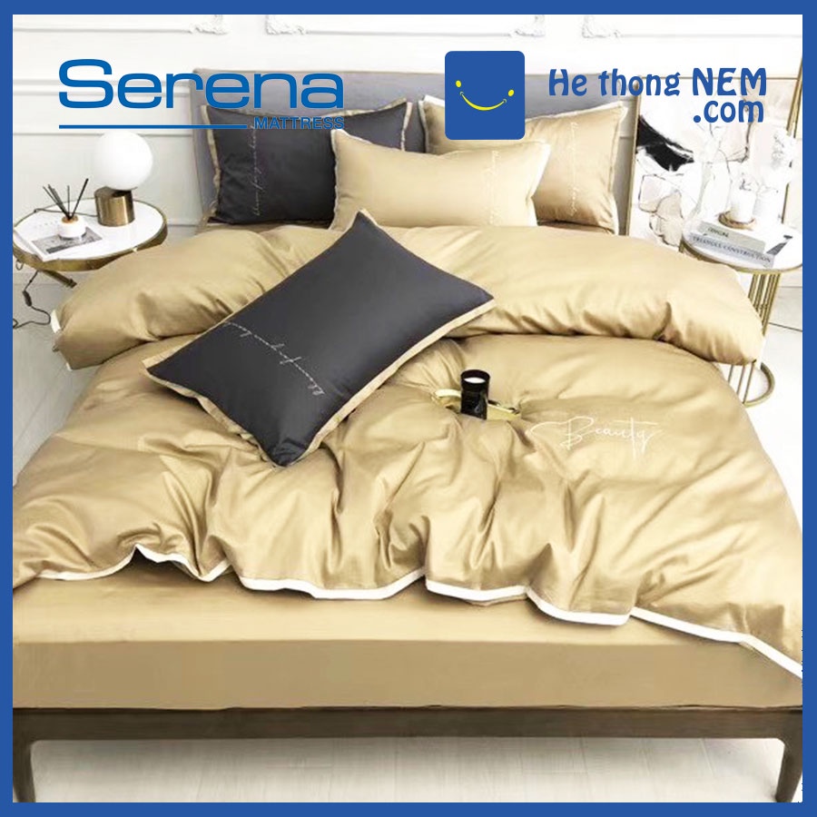 Set Chăn Ga Gối Nệm 5 Món Lụa Pháp Thêu SERENA Chuẩn Khách Sạn 5 Sao Grap Giường Chăn Ga Gối Đệm Cao Cấp - Hệ Thống Nệm