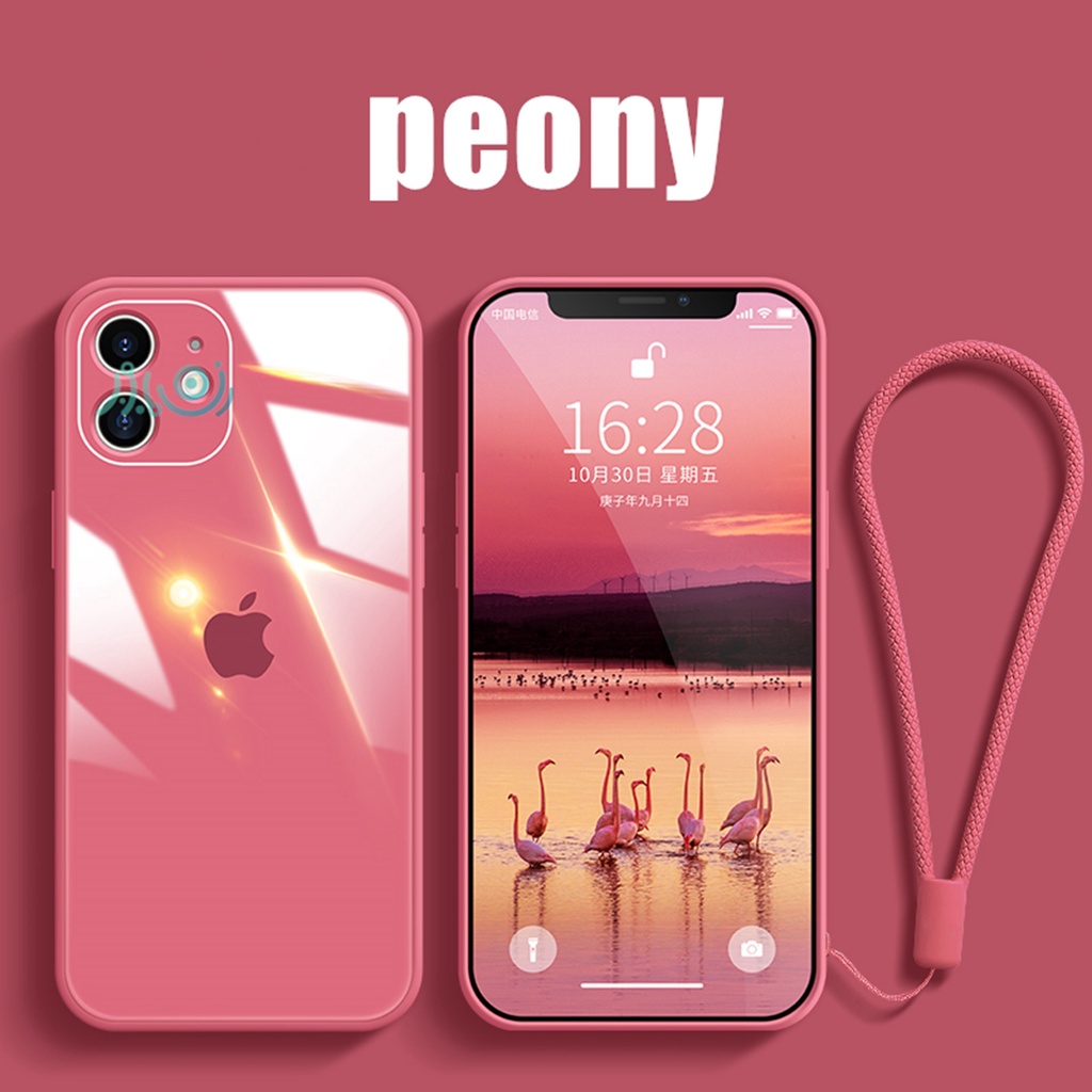 【Free Lanyard】Macaron Casing iPhone 11 12 Pro MAX XS MAX XR X 6 6S 7+ 8 Plus SE 2020 Tempered Glass Case Square Silicone back cover