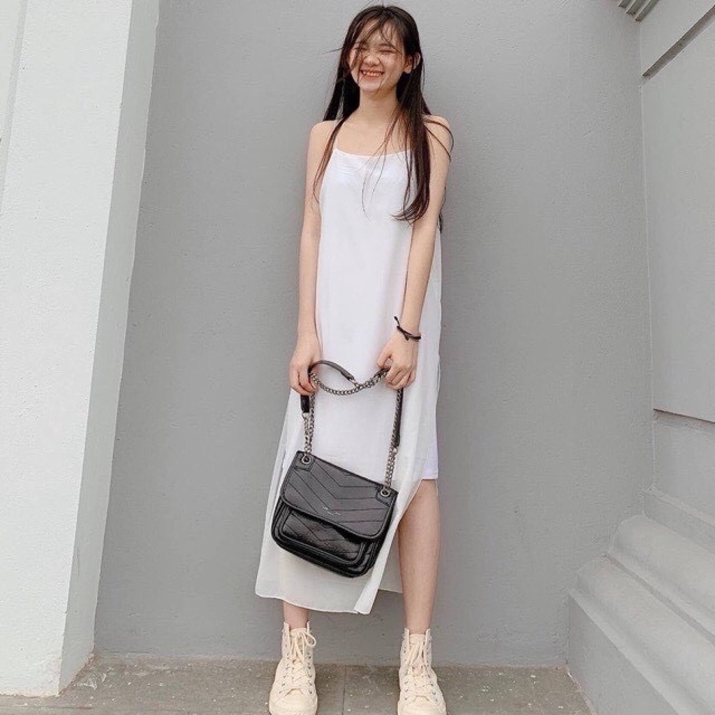 V005 Váy hai dây suông xẻ chất voan có lót cute, đầm hai dây trơn dài qua gối tiểu thư bánh bèo nữ tính Ulzzang | BigBuy360 - bigbuy360.vn