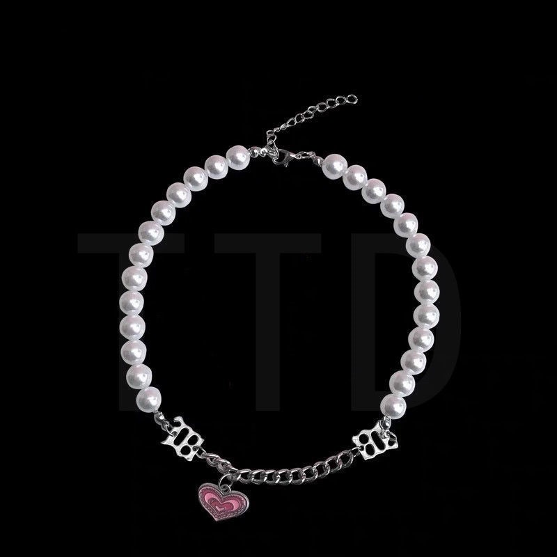 Dây chuyền đính ngọc trai nhân tạo mặt dây màu hồng đáng yêu cho nữ Y2K