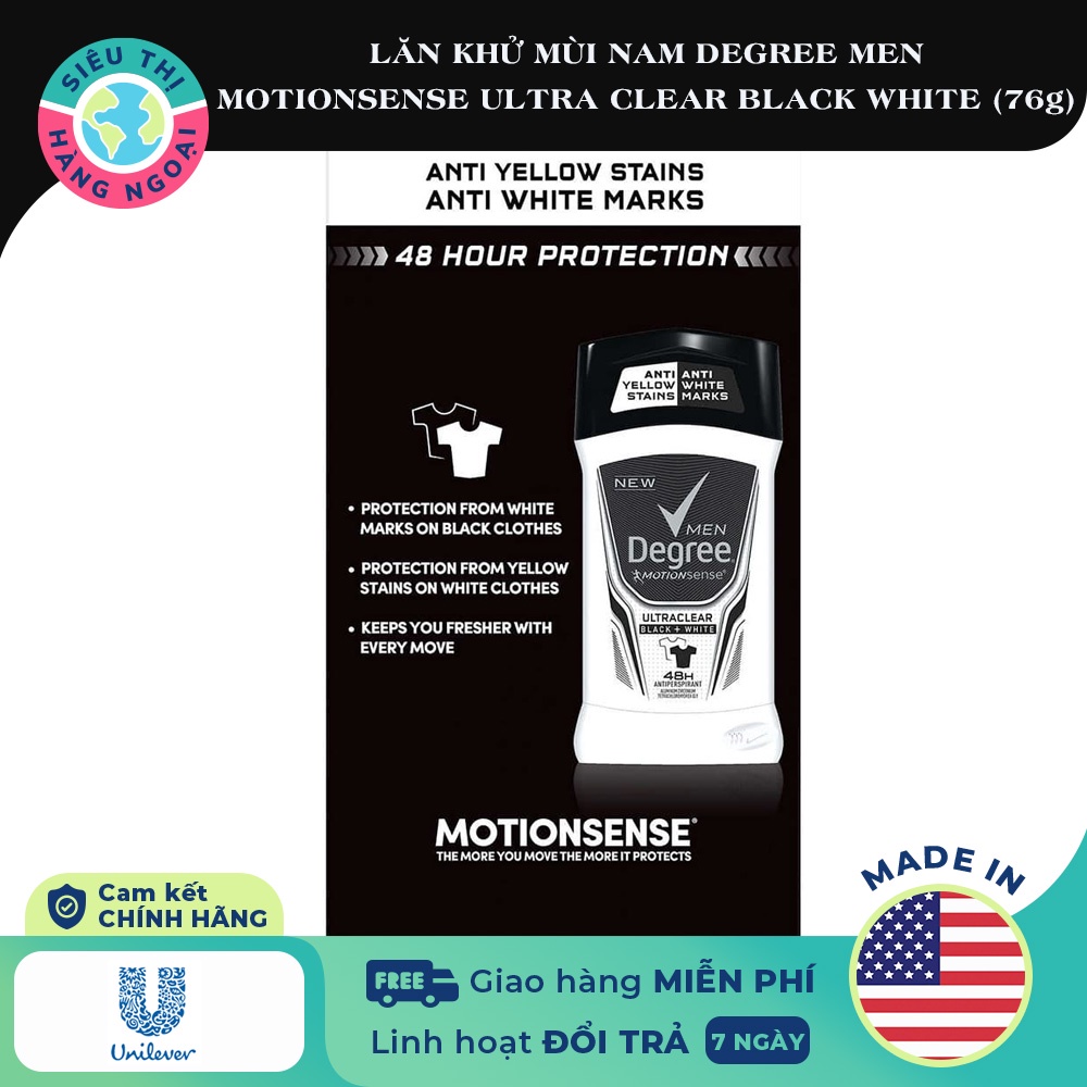 Lăn sáp khử mùi nam chống ố vàng áo - Lăn khử mùi Nam Degree Men Black &amp; White UltraClear 48h USA