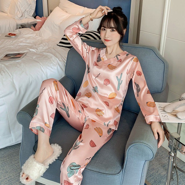 Bộ Đồ Ngủ Dài Tay Bằng Lụa Xinh Xắn Theo Phong Cách Xuân Thu Dành Cho Nữ