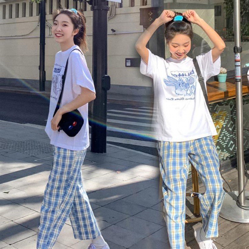 Sét áo phông mũi khoan + quần kẻ nhiều màu