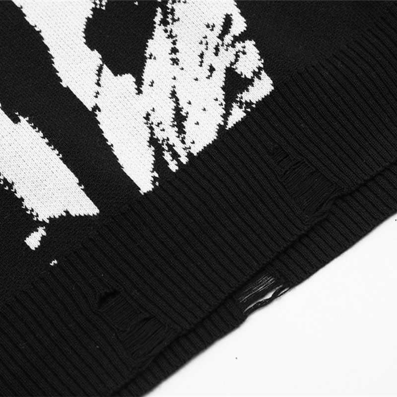 10MK Women Men Harajuku Sweaters Destroyed Ripped Trim Pullovers Tops Crowd Graffiti Letters Round Neck Oversized Jumper